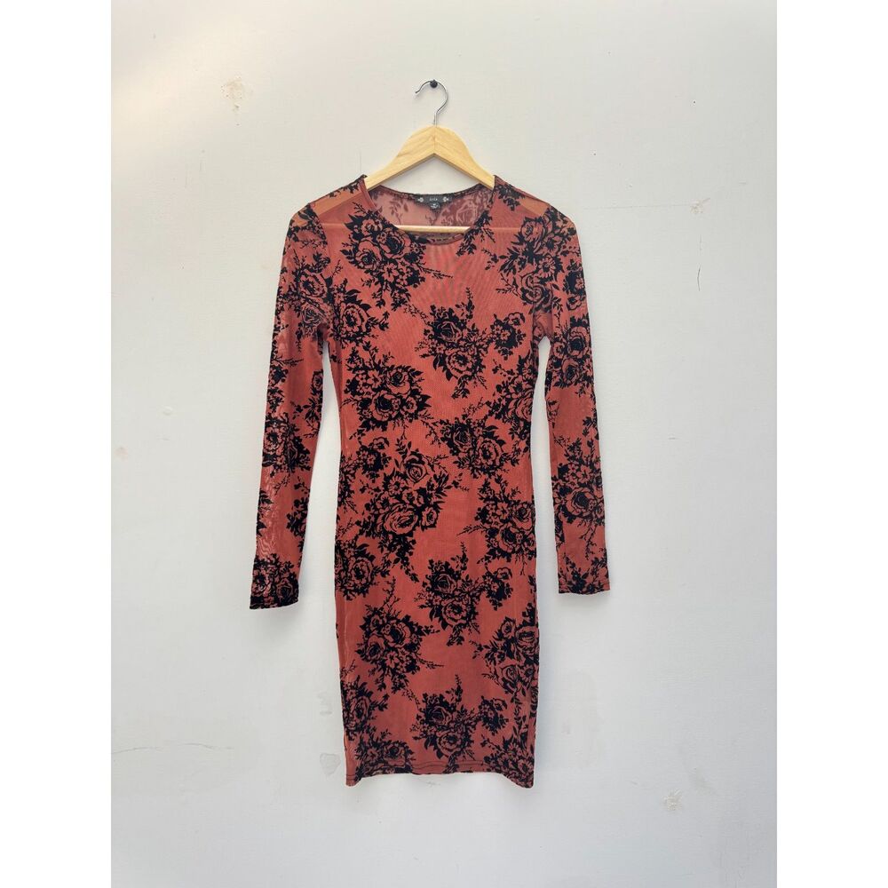 Iris Rust Floral Flocked Mesh Bodycon Dress Size M Long Sleeve